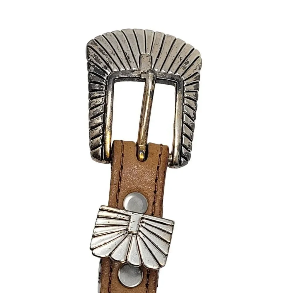 Vintage Southwestern Leather Belt Tan Silver Animal Concho M 34